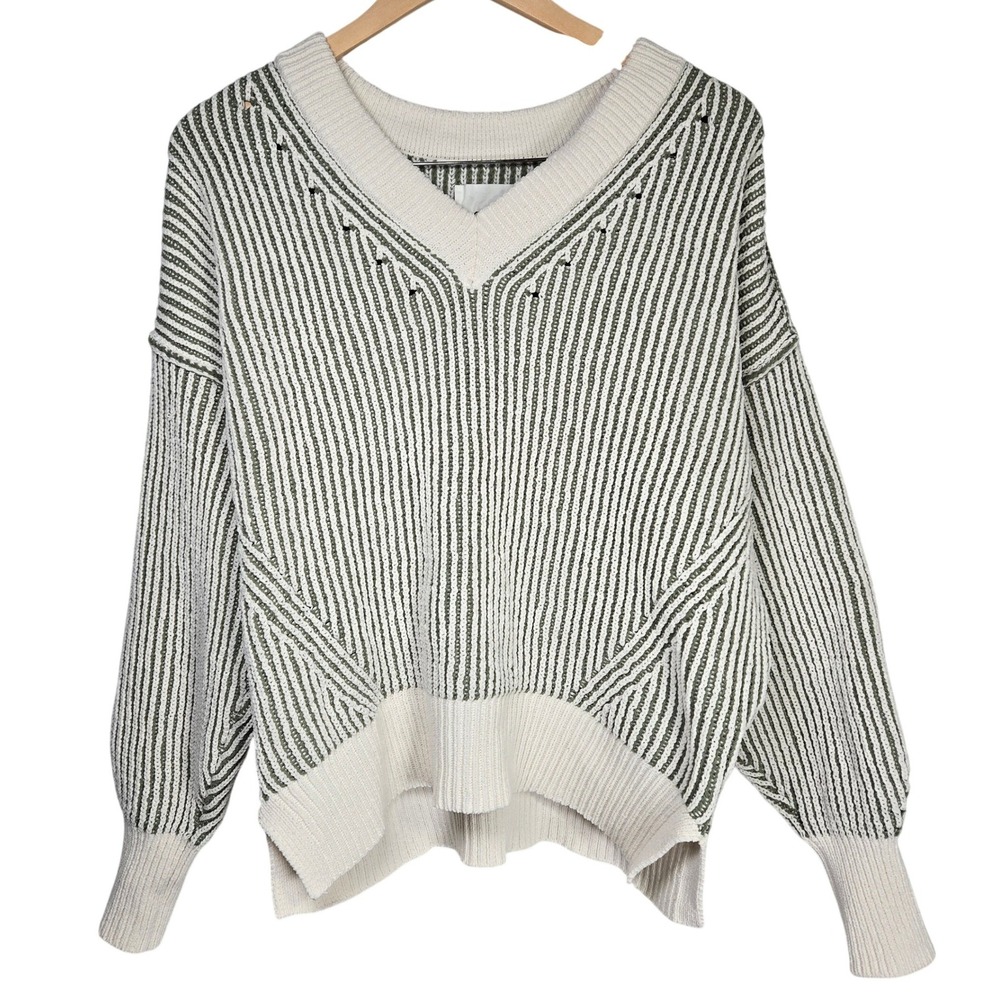 Aerie Beyond Chenille Oversized V-Neck Striped Knit Sweater Green White XXS